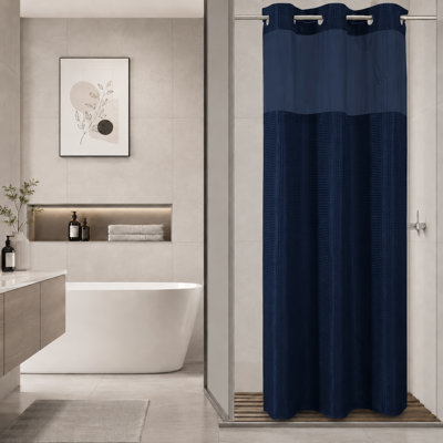 Rideau de douche gaufré sans doublure bleu marine avec doublure, 36 po x 75 po, doublure en tissu à encliquetage, fenêtre supérieure en filet, tissu gaufré robuste, rideau de douche imperméable de style hôtel pour la salle de bain