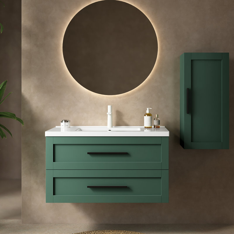 Meuble-lavabo mural 36 po avec lavabo mural, 2 tiroirs, lavabo en céramique blanc sans robinet Jodi, vert