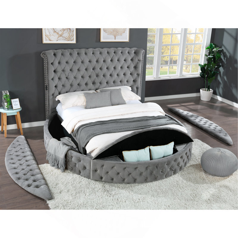 Grand lit de rangement touffeté Hazel en bois gris, Gris