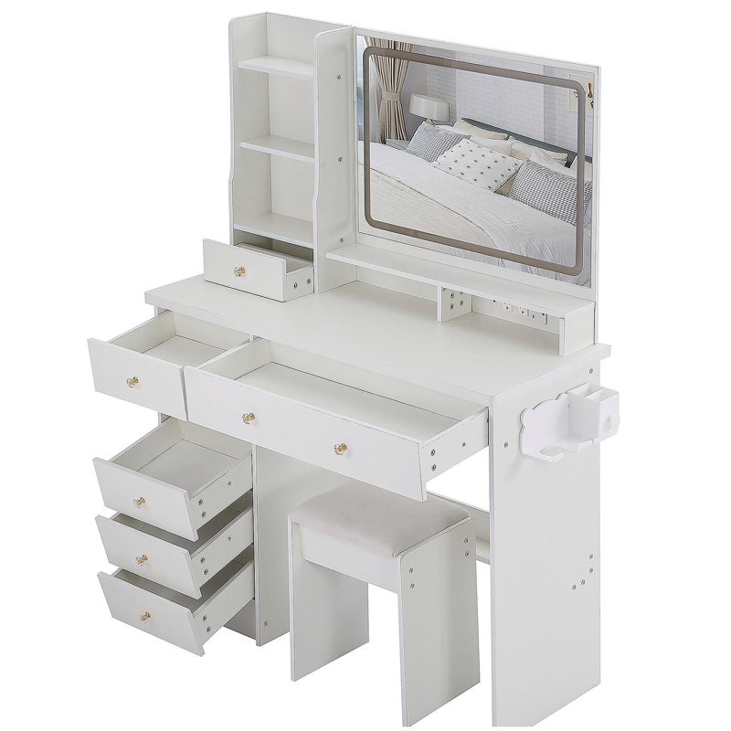 41" Large Size Left Drawer Desktop Vanity Table+Cushioned Stool Dresser Set, 2 AC+2 USB Power Station, Hair Dryer Stand, Extra Large Touch Control LED Mirror, 3-color Switch, EPA, GCC, UL Certificate