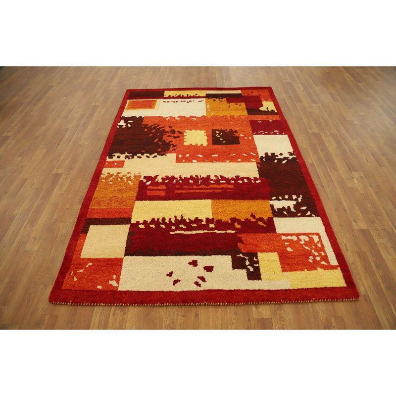Tapis moderne en patchwork de style Gabbeh 5 x 7 avec des teintes de couleur terre
