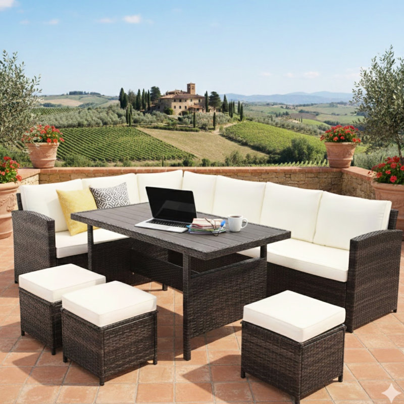 Ensemble repas d'extérieur, 7 ou 9 places, coussins beiges, poufs et table rectangulaire pour des moments de détente dans votre jardin.