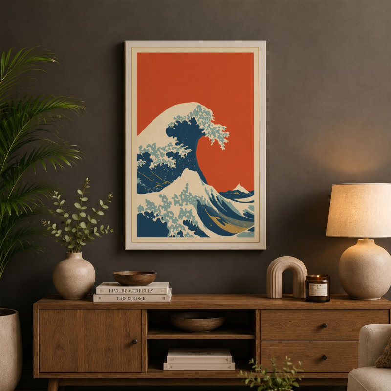 Great Wave Rising Japandi 1 Piece Wrapped Canvas Wall Art, 24x16 - 61.0 x 40.6 cm, Taupe Border