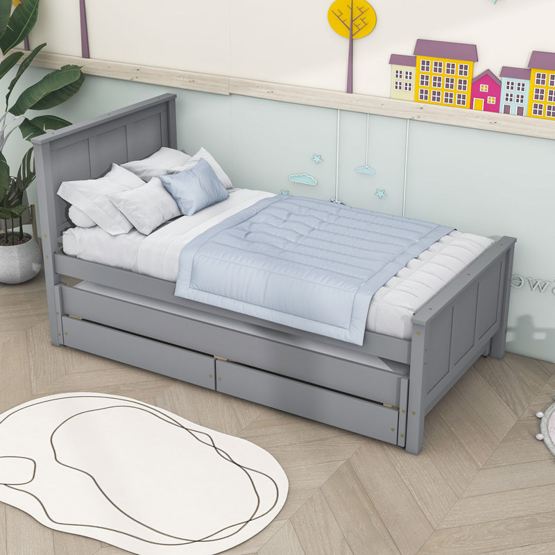 Kids Twin with Trundle with Drawers, Gray