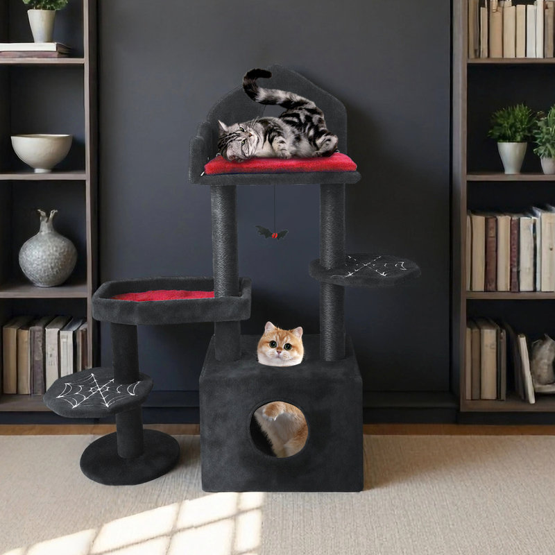 Tour à chat noire de style effrayant avec une aire de repos confortable et des poteaux à griffer en forme de ficelle conçus pour être recouverts d'un arbre naturel