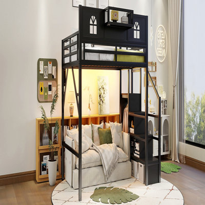 Lit mezzanine avec escalier, lit mezzanine en métal avec garde-corps en hauteur et garde-corps, lit mezzanine haut avec garde-robe pour enfants adolescents