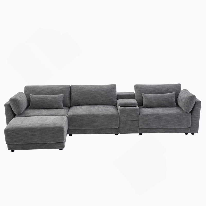 Canapé modulaire en forme de L de 124 po avec console de rangement multifonctionnelle, chargeur câblé et sans fil, repose-pieds mobile, coussin plus large et plus épais, combinaison libre pour le salon et l’appartement, chenille