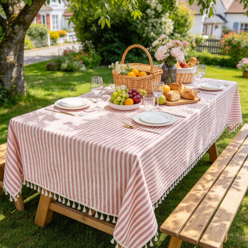 Red Square Striped Cotton Tassel Tablecloth - Dust-Proof Dining Decor