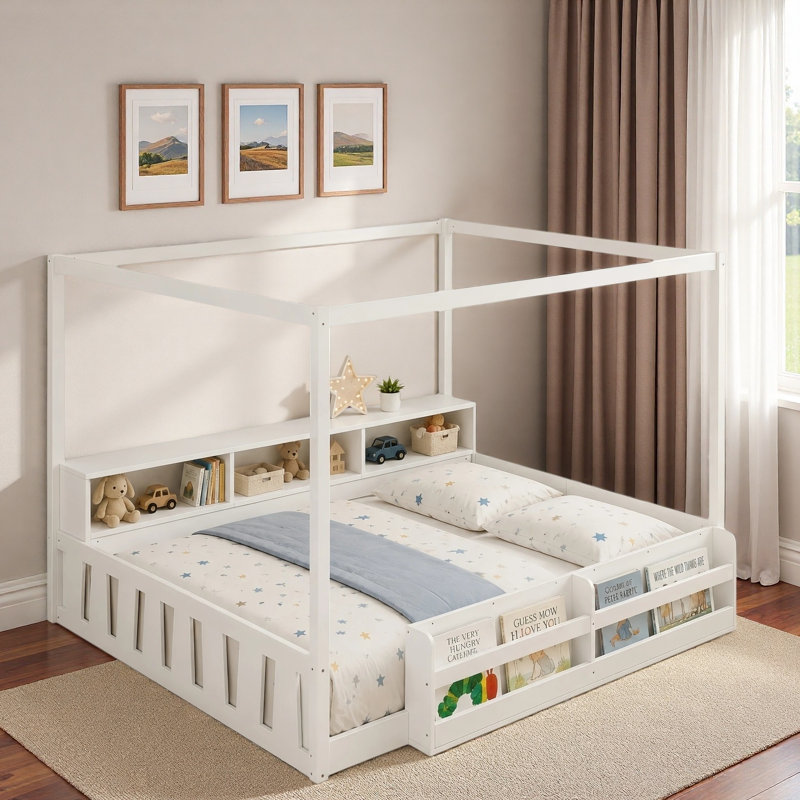 Lit de sol pour enfants avec bibliothèque intégrée, compartiments de rangement latéraux et barrières de sécurité, Full, White