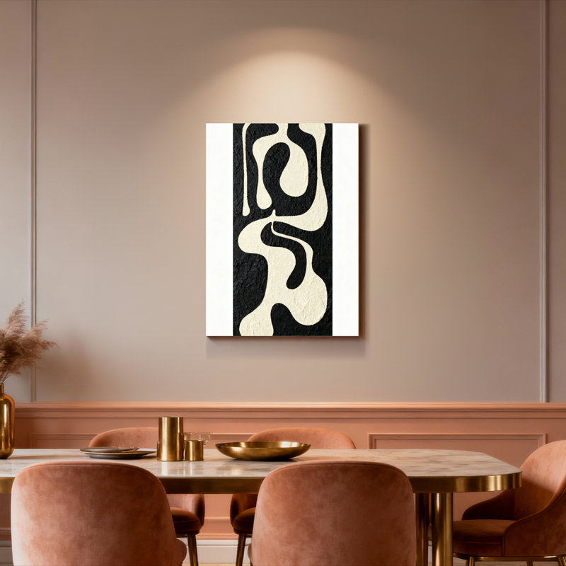 Ensemble de 1 tableau sur toile tendue, formes fluides abstraites en noir et blanc, H 18 po x l 12 po