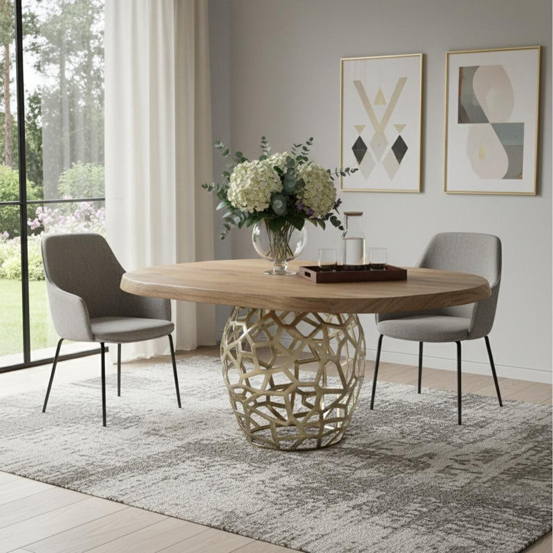 47" Acacia Live Edge Rounded Solid Wood And Brass Dining Table
