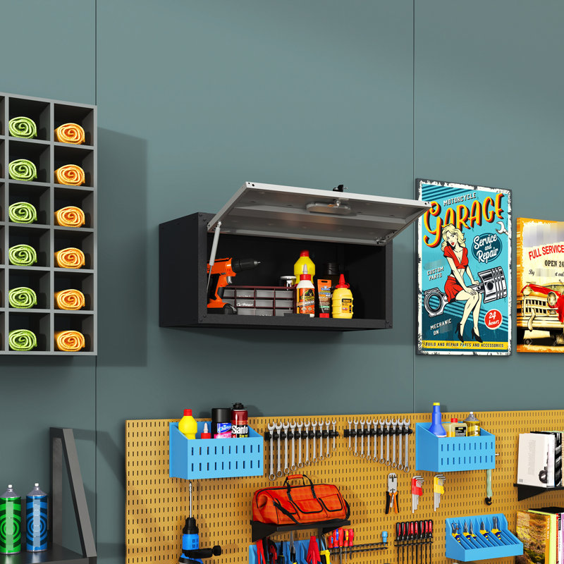 Armoire murale en métal pour garage - Robuste. Vaste espace de rangement, système de verrouillage sécurisé, porte hydraulique. 13,27 po L 11,83 po x P 28,79 po. Noir + gris. Garage moderne. Rangement, serrure solide, accès.