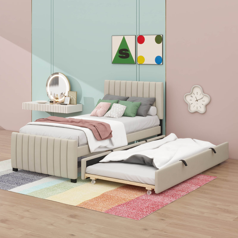 Lit plateforme simple recouvert de velours avec lit gigogne simple, Beige