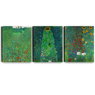 Klimt (jardin avec tournesols, coquelicots en fleurs, tournesol), art mural pour décorations de bureau à domicile, estampe numérique sur toile 20 x 16 po x 3 pièces 
