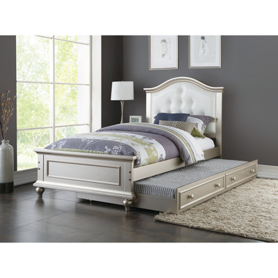 Contemporary Style Silver Bed With Trundle Slats Pine Plywood Kids Youth Bedroom Furniture Faux Leather Tufted HB