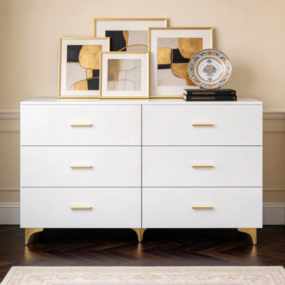 47.2"  White 6 Drawer Dresser with Gold Hardware
