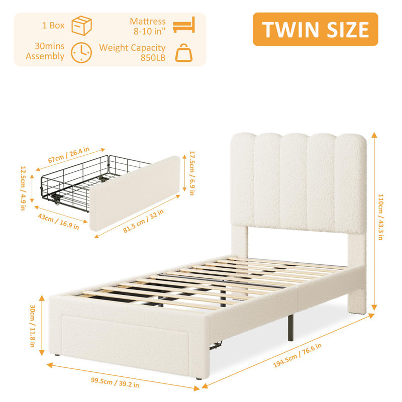 Structure de lit simple avec tiroir de rangement, lit plateforme tapissier, silencieux, beige