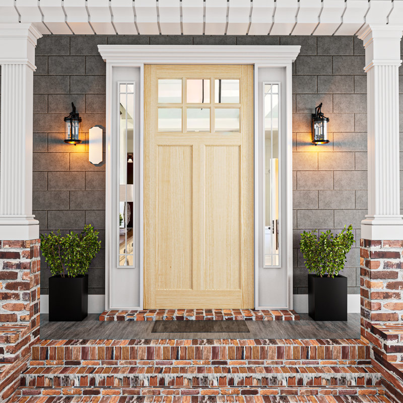 Unfinished Pine Solid Core 2-Grid Transparent 6 lite Clear Glass Panel Front Door With < Inswing >Jamb Kit, 32" W x 80" H