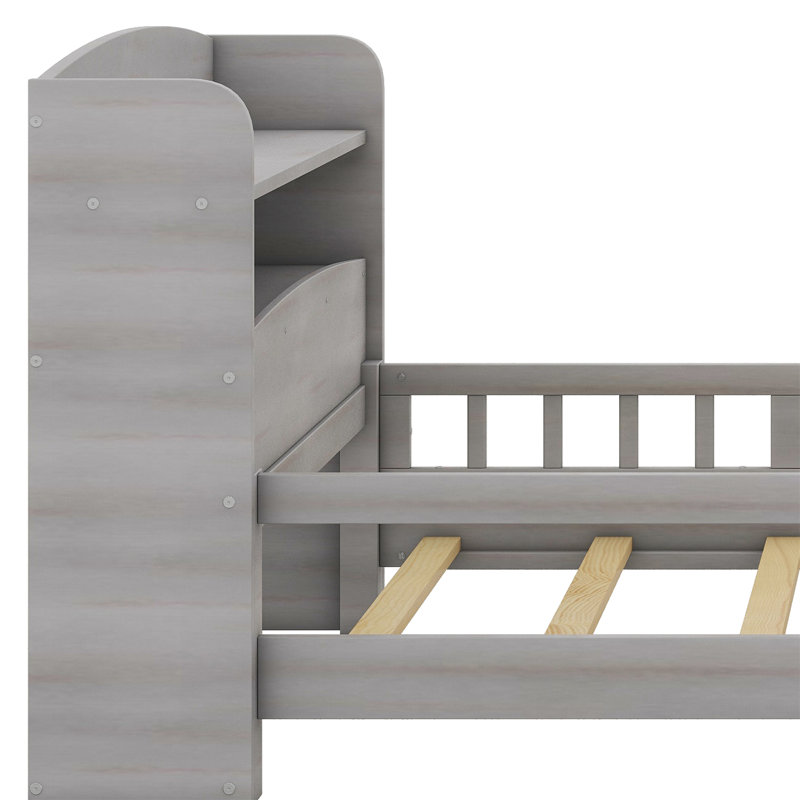 Lit plateforme en bois avec lumière DEL intégrée, tête de lit et garde-corps Hatchell, Lit simple, Gris antique