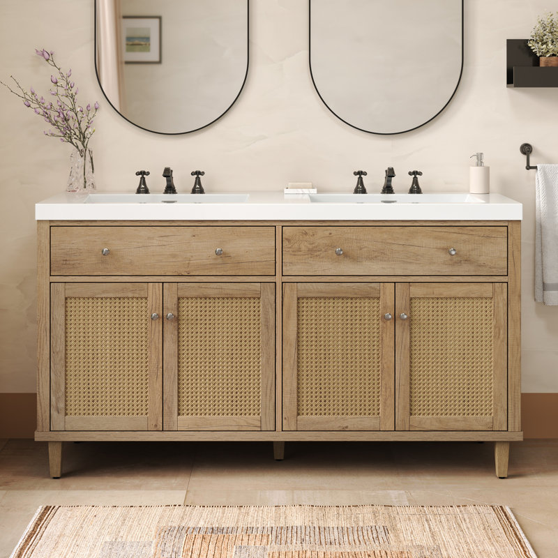60-Inch Wood-Tone Double Sink Bathroom Vanity - SMC Sink, Large Storage, Soft-Close Doors & Trays, Wood