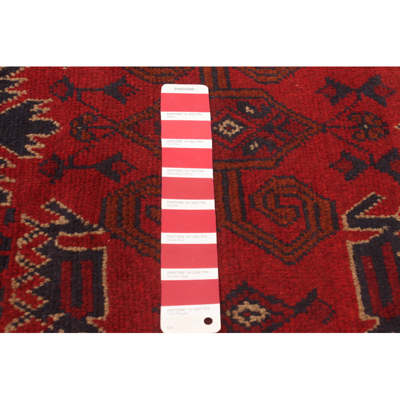 Tapis rouge en laine noué à la main de conception unique 4 pi 2 po x 6 pi 4 po Moriyah