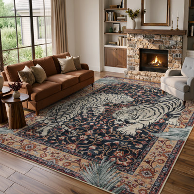 Tapis lavable blanc / bleu Goldene Vintage Tiger