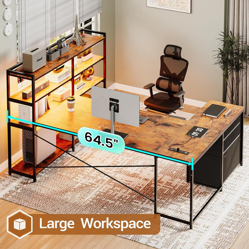 Alnair L-Shaped Computer Desk with Power Outlet, Brown/Black