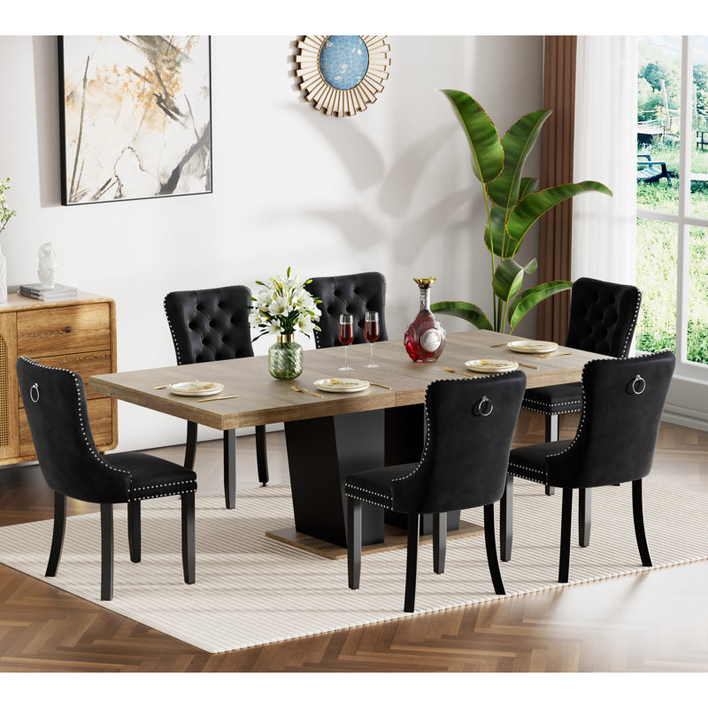 62.99" -78.74" Extendable Dining Table Set, Black&Brown Dining Room Table & Velvet Dining Chairs with Wood Leg, Rustic Kitchen Dining Table and Chairs Set, Modern Dining Table Set