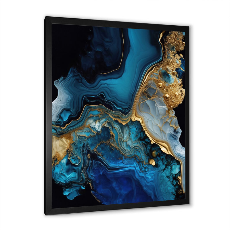 Géode abstraite or et marbre bleu IV - art mural abstrait en marbre, H 32 po x l 16 po, Toile avec cadre photo, Noir