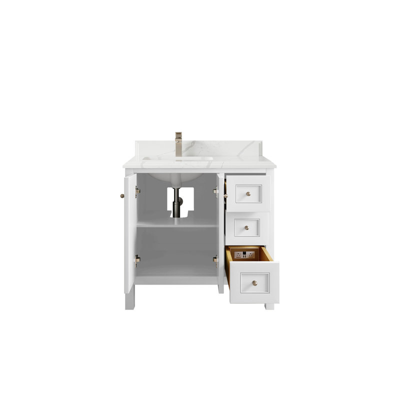 Nashville X P 22 po D Meuble-lavabo de salle de bain décalé gauche avec quartz Cove Edge, Blanc, Nickel brossé
