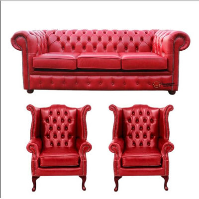Chesterfield 3 Seater Sofa + 2 X Queen Anne Chairs Old English Leather Sofa Offer