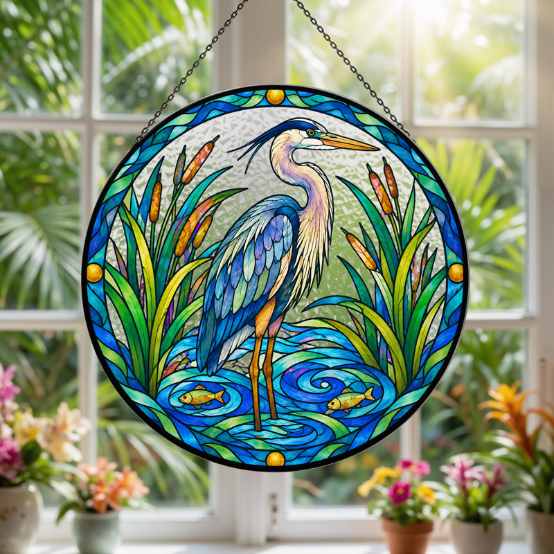 «Blue Heron and Cattails In St donned Glass», art mural sur toile, H 7,8 po