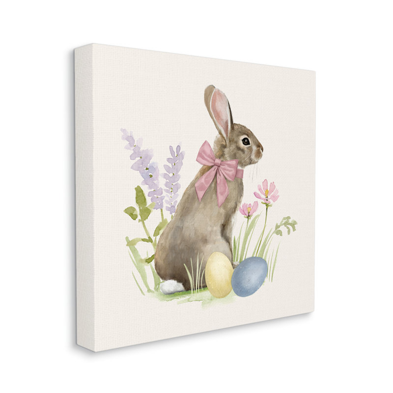 Lapin de Pâques, arc de lapin, fleurs printanières et œufs, estampe numérique encadrée de Victoria Barnes, Toile tendue