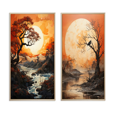 «Tree Orange Moon Silhouette», 2 pièces