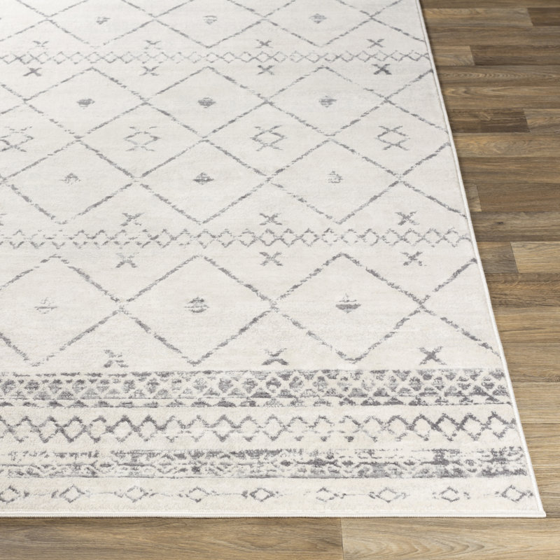 Tapis blanc et gris tissé au métier mécanique Herrod, Rectangle 10 pi x 14 pi