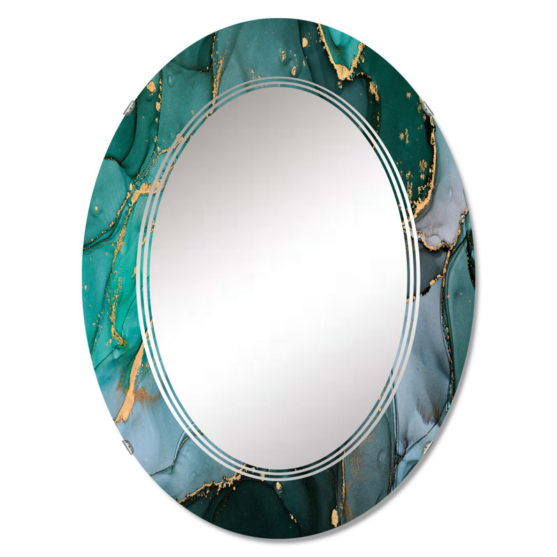 Turquoise et gris luxueux abstrait Art fluide II - miroir mural moderne, 30 po x 20 po
