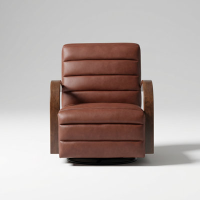 Modern Upholstered 360-Degree Swivel Accent Chair with Solid Wood Armrests and Channel Tufted Lounge Seating