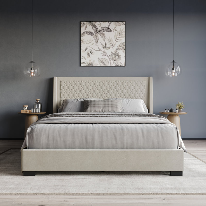 Lit plateforme double avec rangement en velours gris, Beige, Très grand