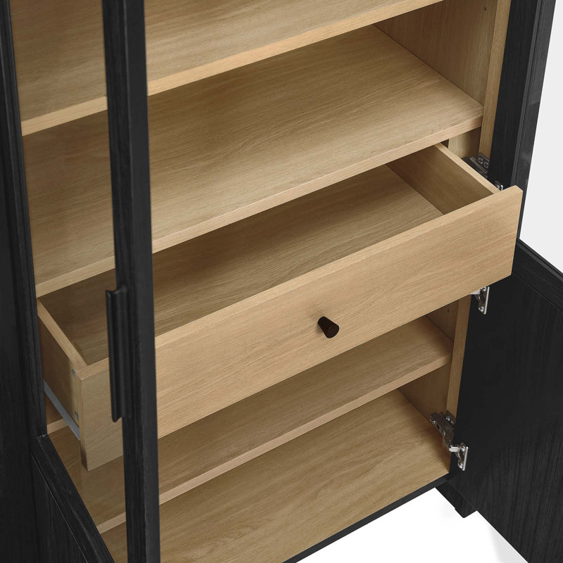 Evie Arched Black Oak Tall Display Cabinet with Glass Doors