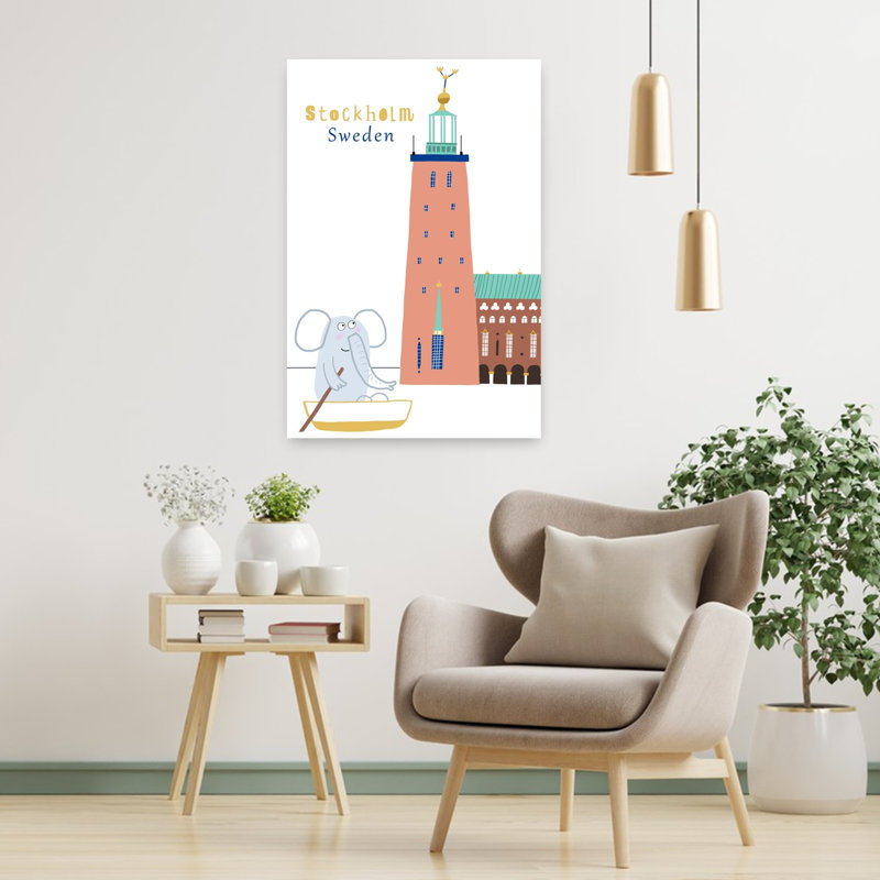 Hôtel de ville de Stockholm, art mural moderne représentant un éléphant et une architecture urbaine, H 36 po x l 24 po