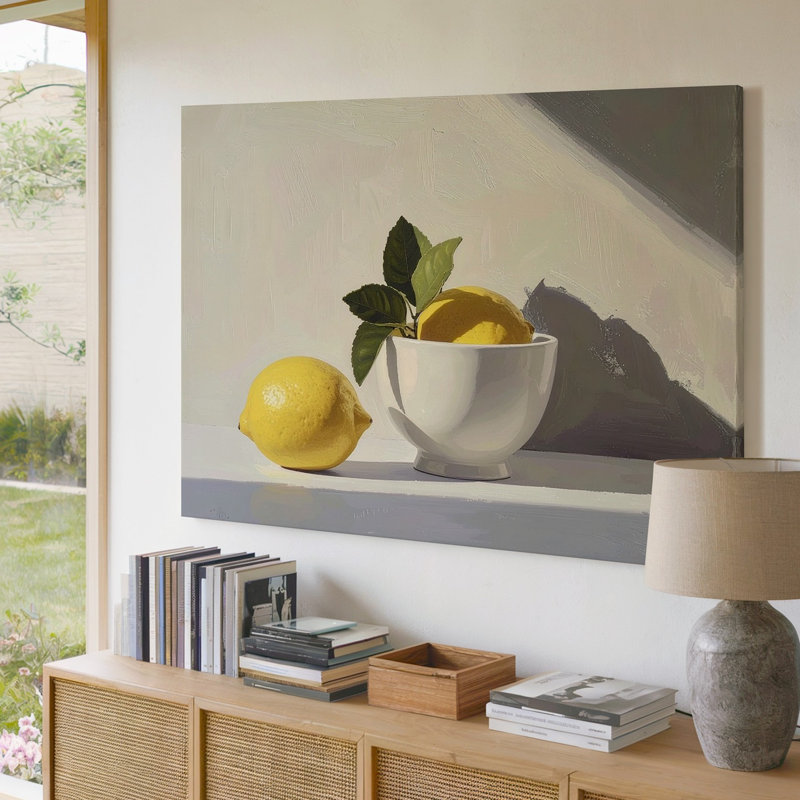 «Minimal Lemon Still Life Canvassoft Yellow Fruit with White Bowl» sur toile d'art neutre, H 16 po x l 20 po