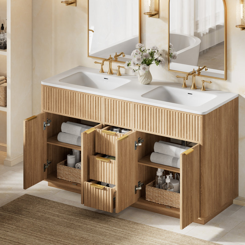 Meuble-lavabo double sur pied de 152 cm (60 po) avec portes et tiroirs cannelés, naturel, Chêne naturel