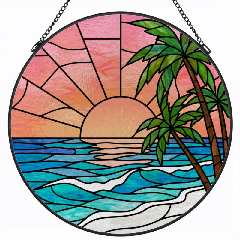 7.8"H Sunset Beach Stained Glass Window Panel, 7.8" H x 7.8" W