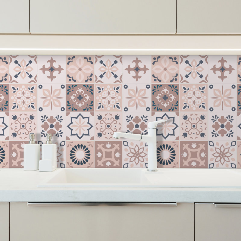 Stewie Marjorelle Moroccan Wall Tile Sticker Set - 15 cm x 15 cm, Pink/Grey