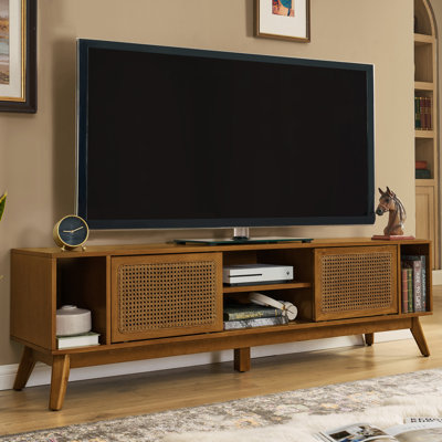 67.9 Inch Mid Century Modern Rattan TV Stand for TVs up to 75", Entertainment Cabinet, Media Console for Living Room Media Room, Solid Wood Feet & Rat