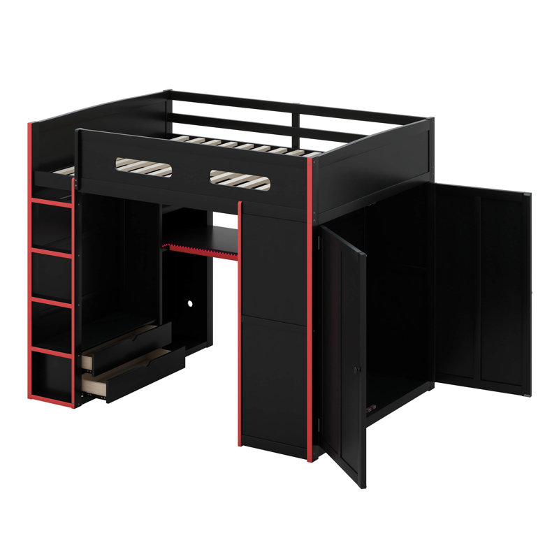 Full Size Wood Loft Bed With Desk,Wardrobe,Ample Storage Space,And RGB LED Light, Red