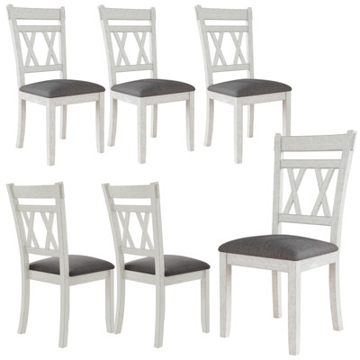 Dubreuil Solid Wood Dining Chairs Set Of 6, Upholstered Cross Back Side Chair, Wooden Armless Kitchen Chairs With Solid Rubber Wood Legs For Dining Ro