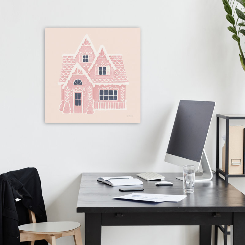 «Gingerbread Dream House Ii», art contemporain carré rose, H 18 po x l 18 po