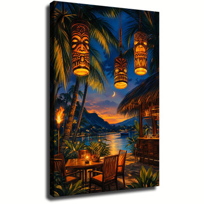 Print Canvas Wall Art, Tropical Tiki Bar Palm Trees Carved Tiki Lanterns Crescent Moon Mountain Lake Sunset Hawaiian Coastal Vacation Dining Room Wall Decor