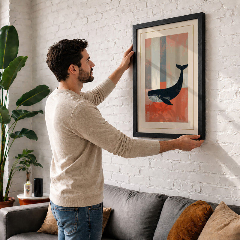 Whale in Geometry Mid-Century - Framed Print, Black, A3 - 42.0 x 29.7 cm